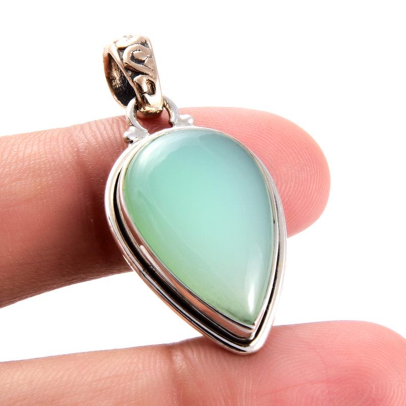Natural Chrysoprase Gemstone 925 Sterling Silver Two Tone Pendant 1.5'' q2H77