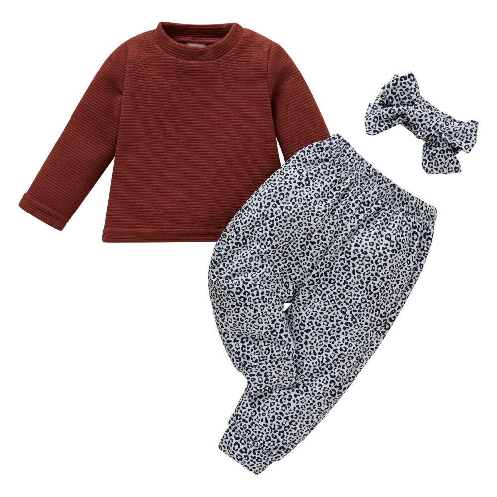 Baby Solid Color Top Leopard Print Pants Hairband Fall Clothes Set