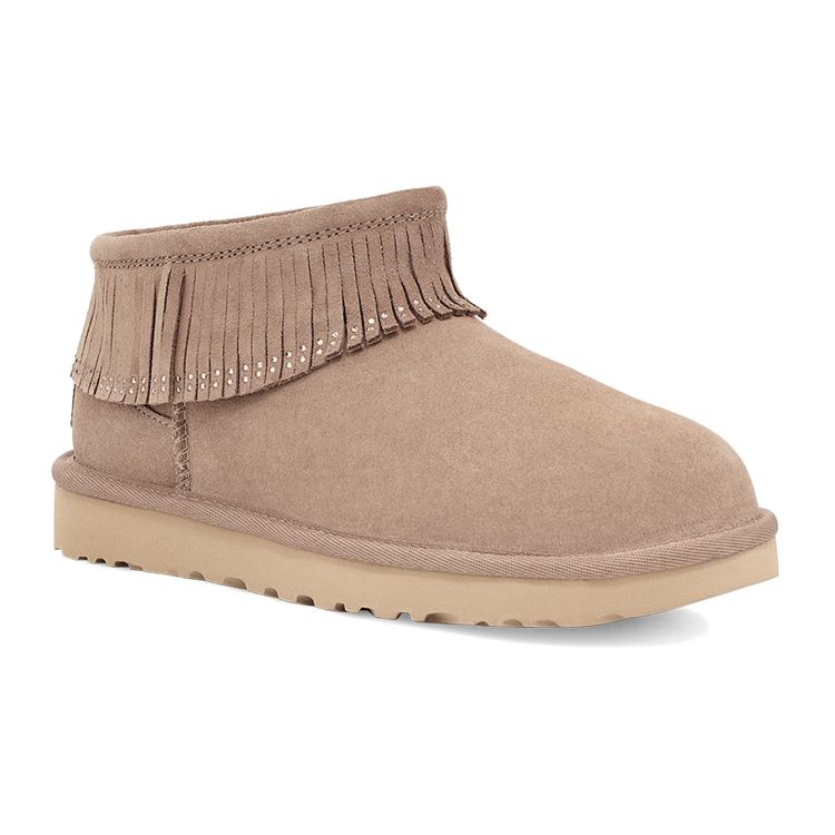 UGG Classic Ultra Mini Fringe Bling Vintage Plush Ankle Snow Boots Women boots Beech 1121576-BCHW