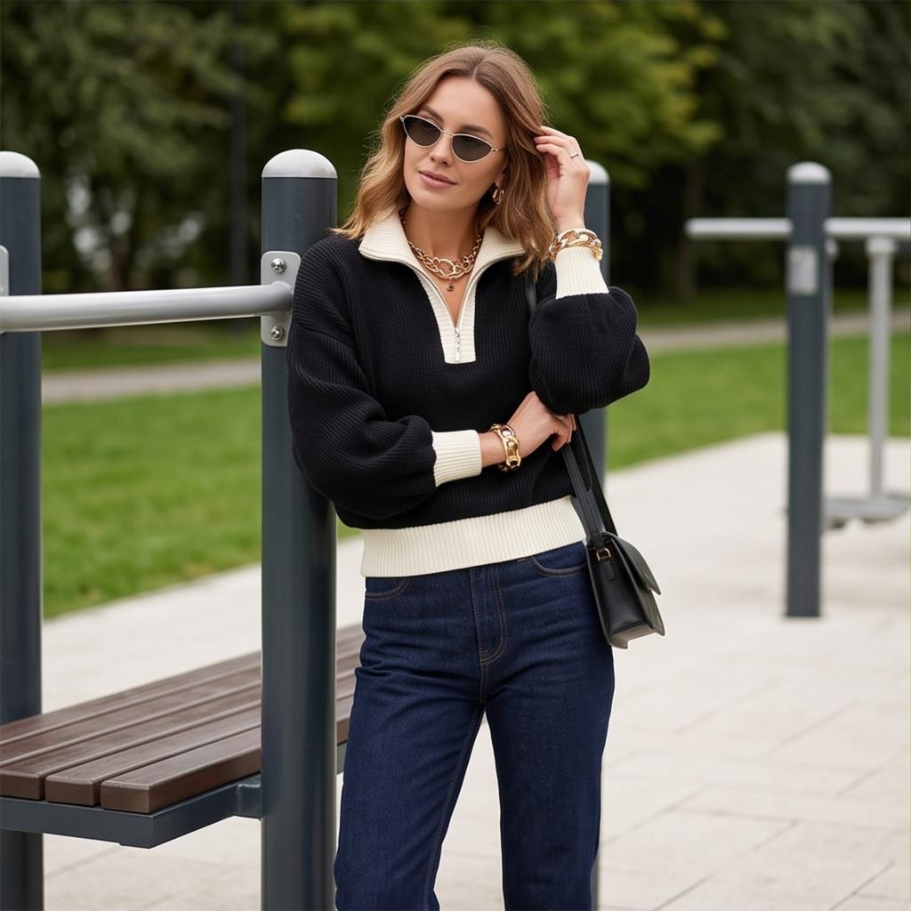 Women's Color Block Half-Zip Turtleneck Knit Sweater Top for Casual Wear