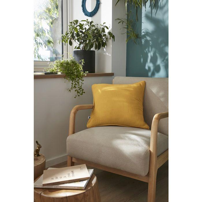 Coussin Déhoussable 45 X 45 Cm GAIA Safran – Gaze De Coton Avec Passepoil Élégant