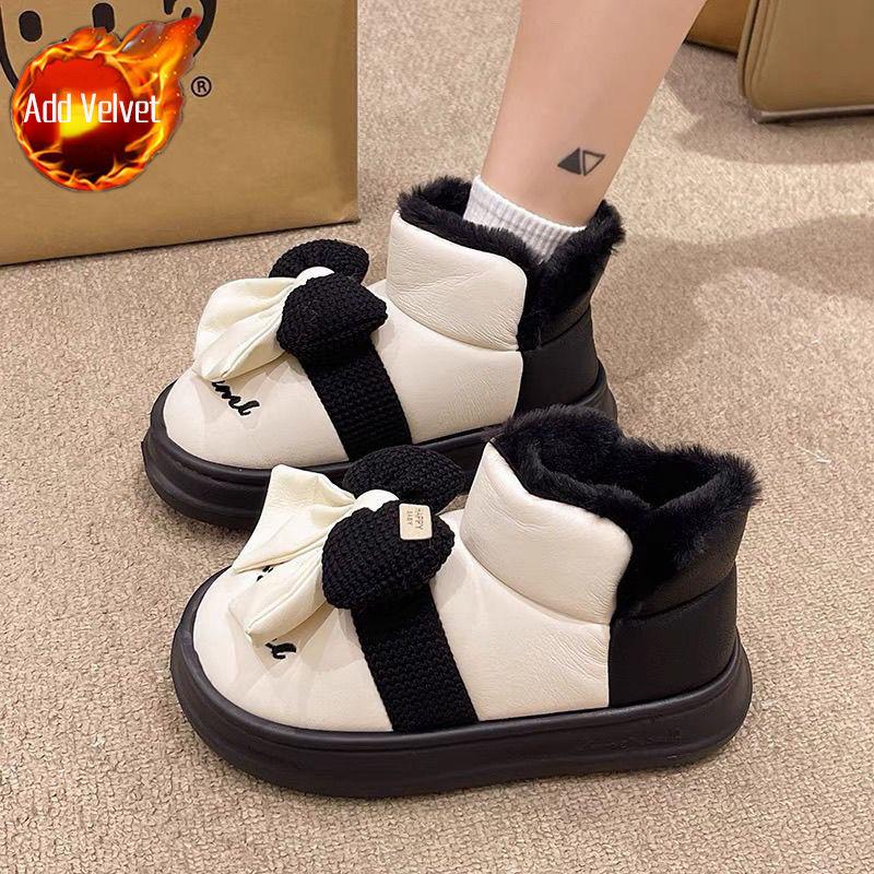 

Fashion Color Blocking Bow Chunky Booties Winter Round Toe Plush Woman Shoes High Quality Waterproof Non Slip Y2k Snow Boots for Women 36