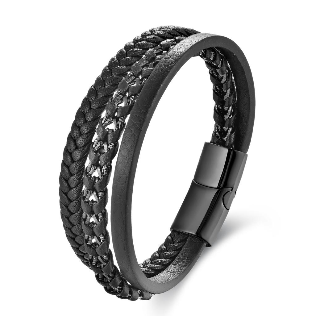 Men's Black Leather Bracelet Stainless Steel Double Layer Braided Wristband Fashion Handmade Cowhide Rope Jewelry Accessories