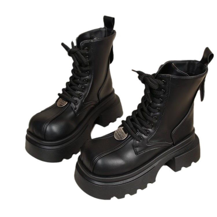 European Breathable Internet Celebrity Martin Boots Women's 2025 Autumn New Spice Girl Square Head Big Head Lace-up Thick Sole Heightening Short Boots