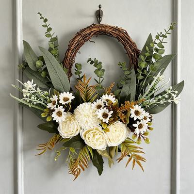 16 Inch Artificial Rattan Wreath with Flowers Lifelike Faux Hydrangea Wreath for Spring Summer Indoor Outdoor Home Wall Porch Farmhouse Decor
