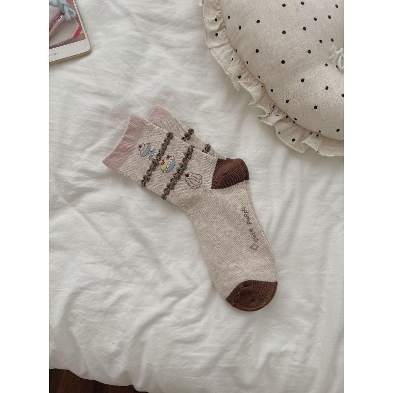 Autumn and Winter Trendy Color-blocking Women's Mid-calf Socks, Cute Cartoon Puppy Socks, Pure Cotton Versatile Lace Women's Socks