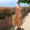 Monet Garden Yellow Neck Dress Oil Painting Dress Premium Dopamine Island Bright Beach Seaside Vacation
