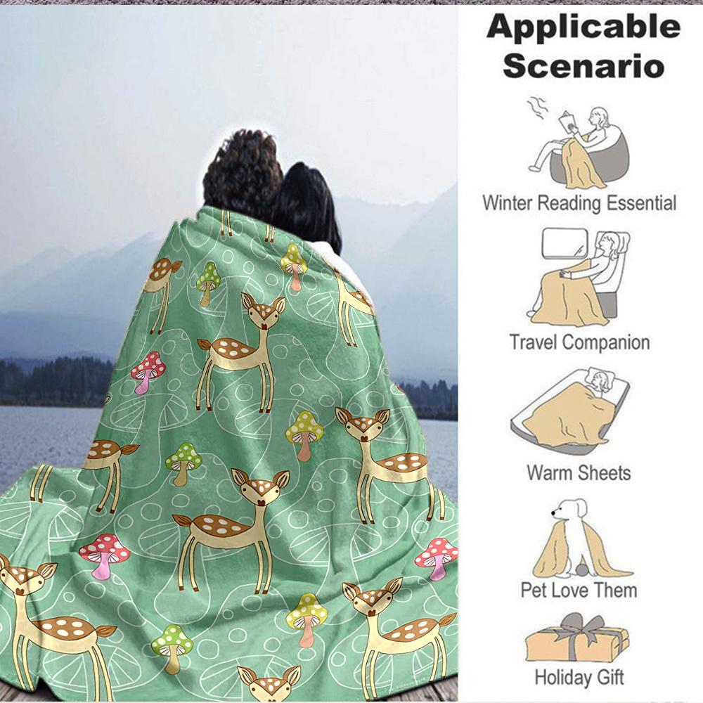 1pc Deer Mushrooms Lightweight Flannel Blanket, Comfortable and Warm Blanket, for Office and Camping Sofa Bed, Livingroom180