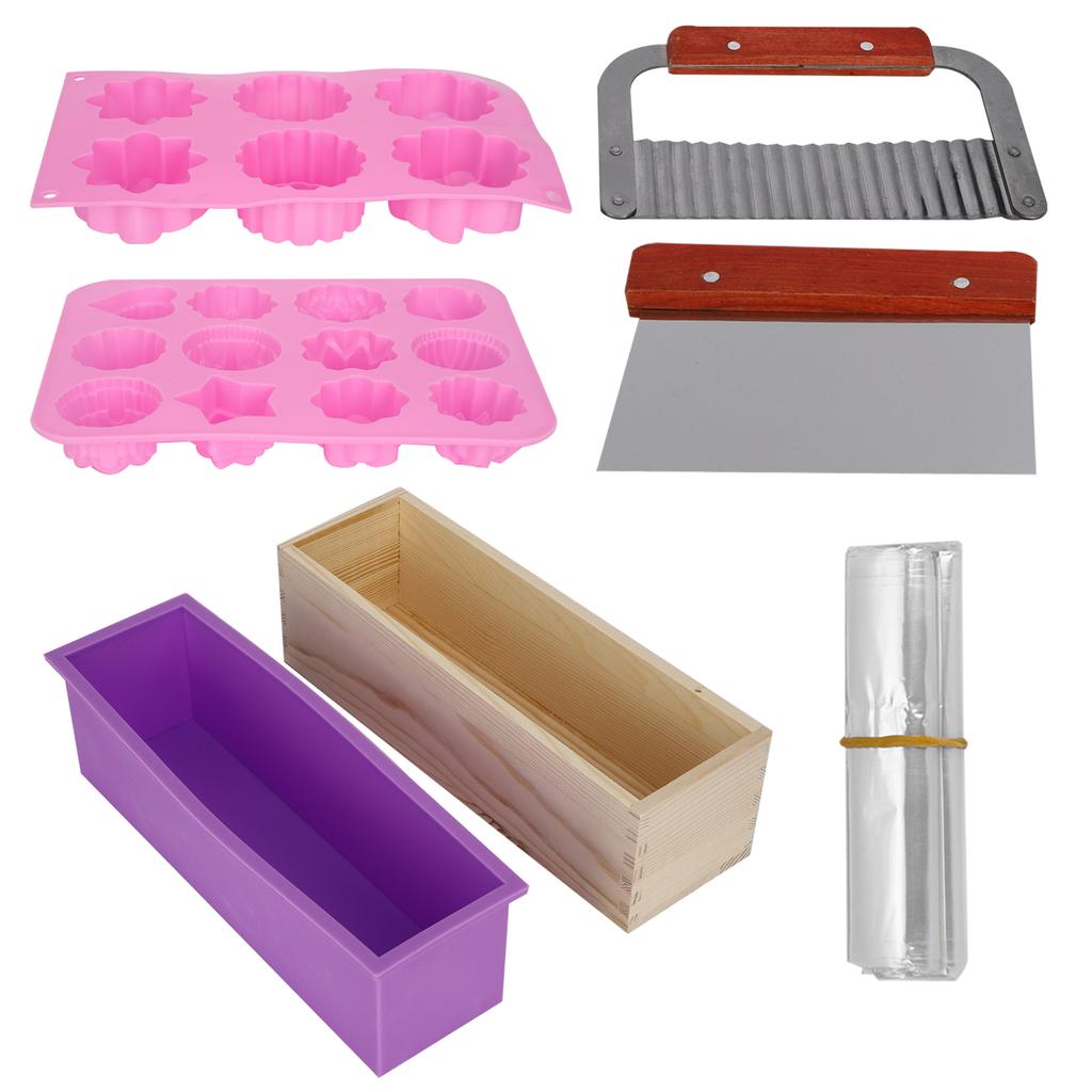 DIY Silicone Hand Made Soap Mold Set Wood Box Wavy Straight Cutter Molds Heat Shrinkage Film