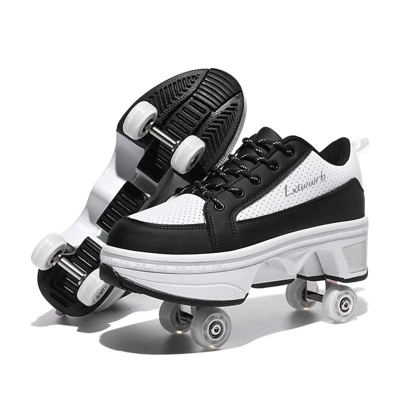 4 Wheel Dual-Use Roller Skates Retractable Wheels Racing Roller Shoes Children's Shoes with Wheels Speed Skate Skateboard Shoes