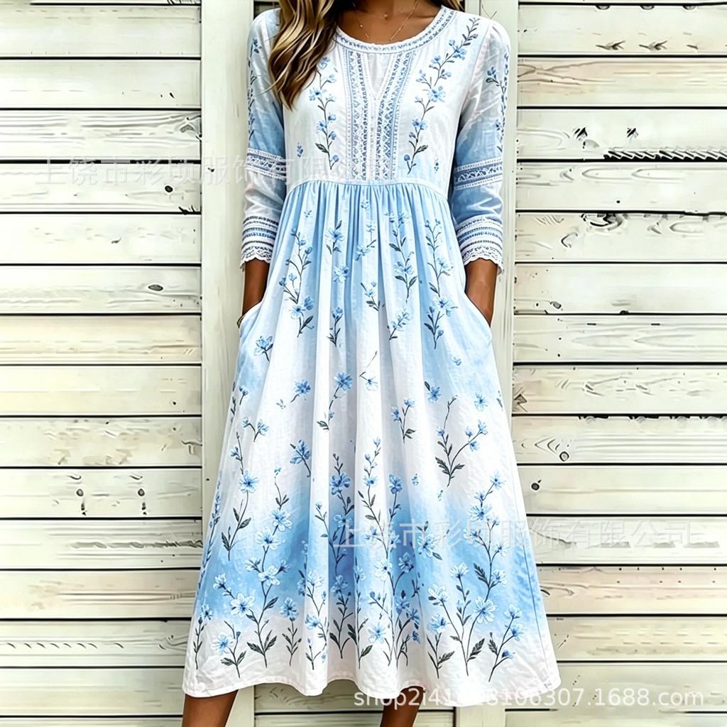 Women's Crew Neck Long Sleeve Loose Fit A-Line Midi Dress Casual 3D Floral Print