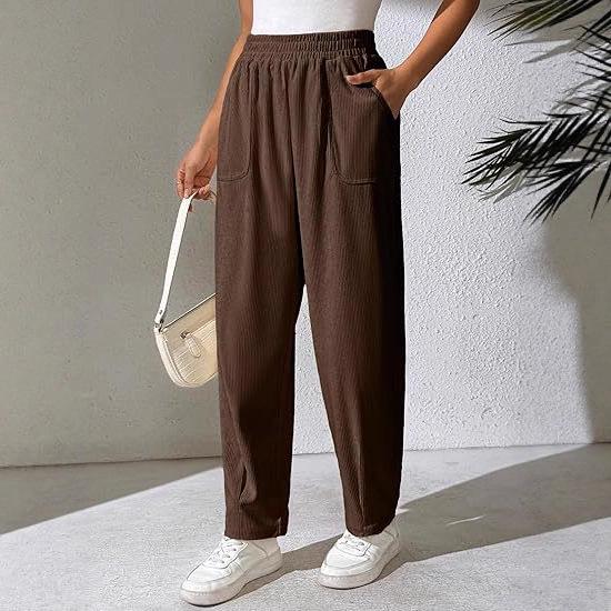 Women's Elastic High-Waist Corduroy Pleated Wide-Leg Pants with Pockets - Casual, Comfortable, Loose Fit for Autumn