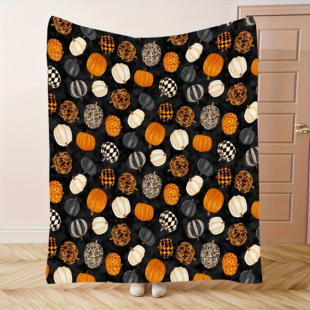 1 Comfortable Special Black Background Orange, White and Grey Pumpkin Theme Print Flannel Blanket, Stylish, Soft, Warm, Suitable