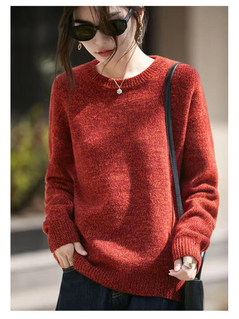 

Женский шерстяной вязаный пуловер свободного кроя - Однотонный, Круглый вырез, Осень/Зима XL