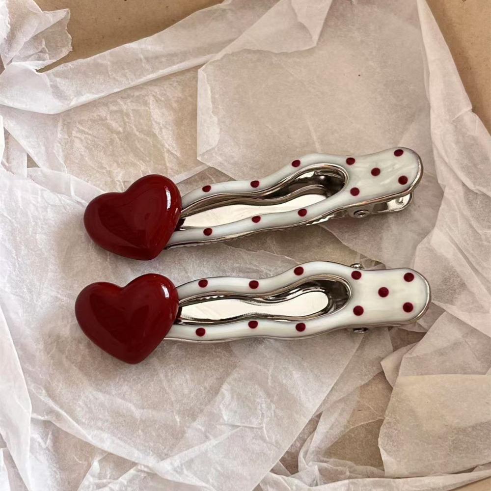 2 PCS Red Heart Bangs Duckbill Hair Clips Polka Dot and White Wave Point Hair Accessories  For Girls