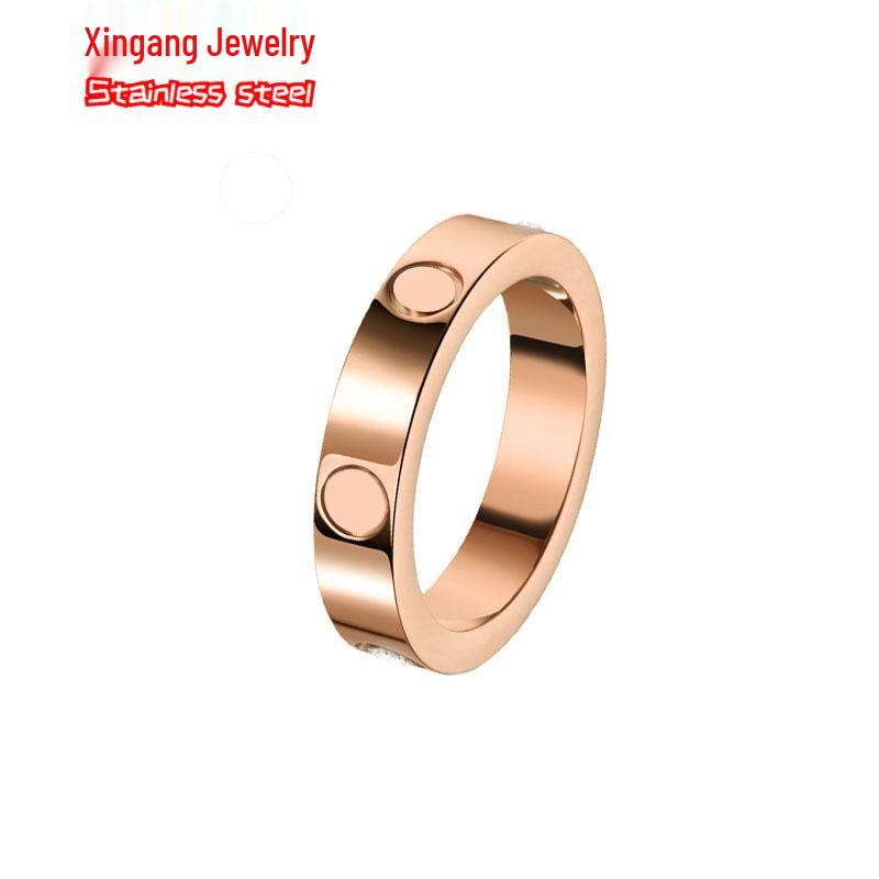 2024 Rhinestone Titanium Steel Couple Rings - Women's Non-Fading Plain Band, 18K Rose Gold