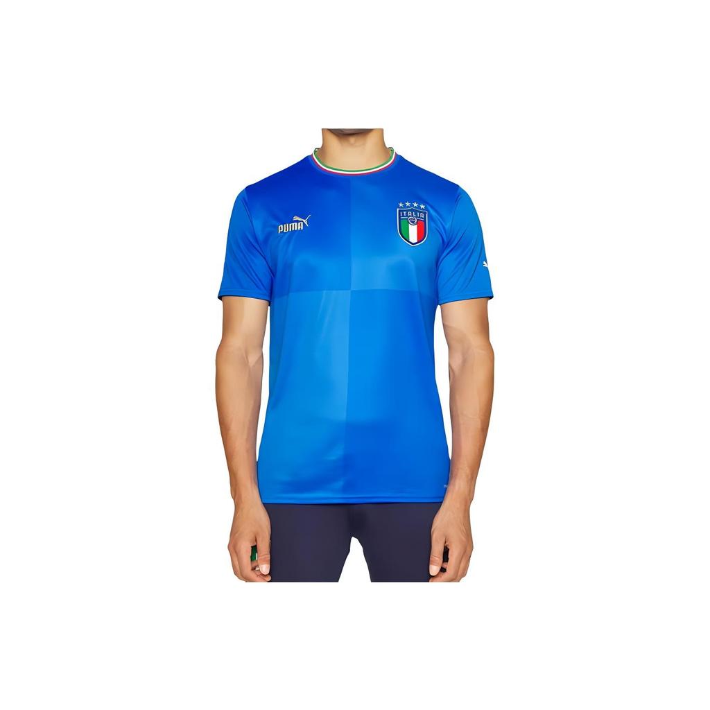 Puma Koszulka Domowa Reprezentacji Włoch Wersja Kibicowska Nadruk Patchworkowy Okrągły Dekolt Krótki Rękaw Męska Top Granatowy 765643-01