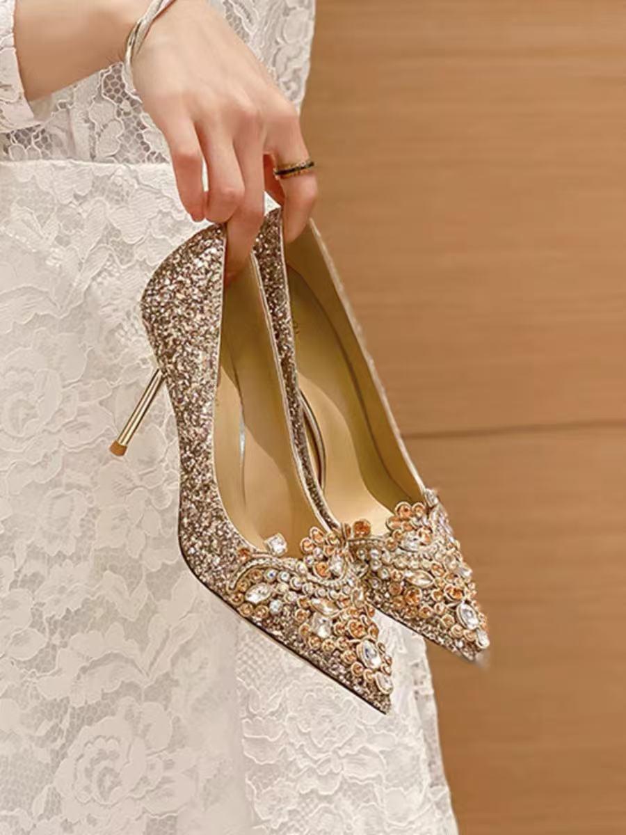 

French Xiuhe main wedding dress 2025 new high heels women s stiletto crystal shoes champagne wedding shoes bride shoes women 34
