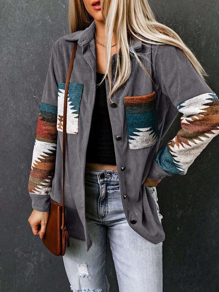 Elegant Color Block Collar Shirt Jacket - Long Sleeve Polyester Woven Women'S Casual Blazer with Color Matching Pockets