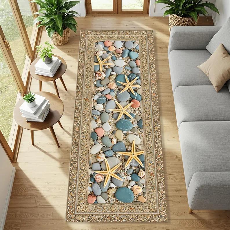 Underwater Fish Swarm Runner Rug Beach Starfish Pattern Decoration Carpet Living Room Corridor Bedside Sofa Footrest