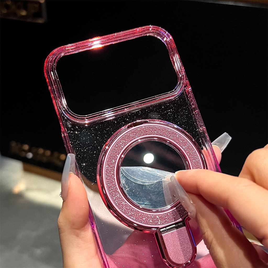 For iPhone 17 Pro Case Glitter PC+TPU Clear Mirror Kickstand Phone Cover with Compatible with MagSafe