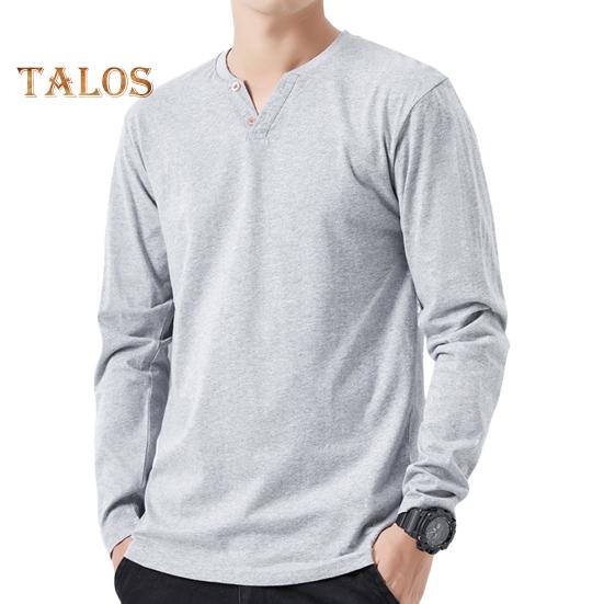 Men Fall Spring Top Buttoned V Neck Long Sleeves Pure Color Loose Pullover T-shirt Daily Wear Sport Homewear Clothes