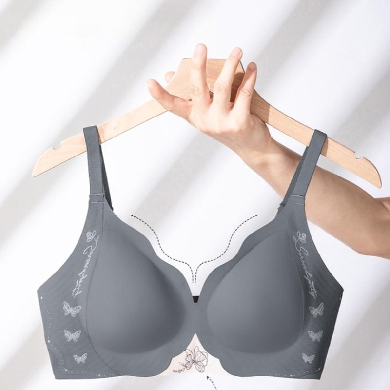 Seamless Soft Support Cup Bra, Sexy Deep V Simple Glossy Lace Butterfly Bra