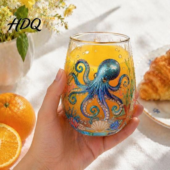Functional Collectible Glass Cup Ocean-Themed Cup Jellyfish/Dolphins/Sea Turtles/Octopus Hand-Painted Thickened Drinking Durable Heat Resistant for