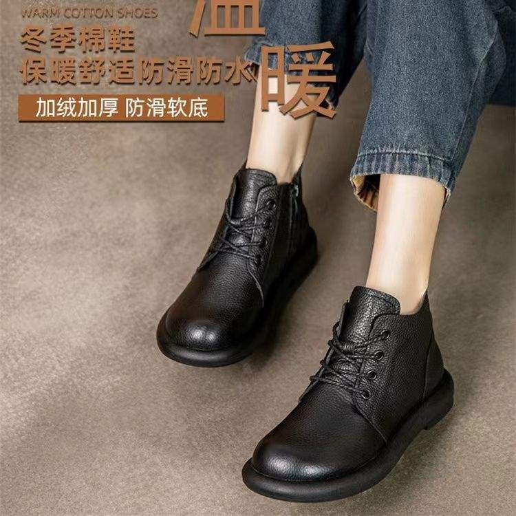 

2025 нова осіння та зимова першого шару теляча шкіра високі жіночі одинарні туфлі з круглим носком короткі жіночі одинарні чоботи бавовняні чоботи на м якій підошві ботильйони 40