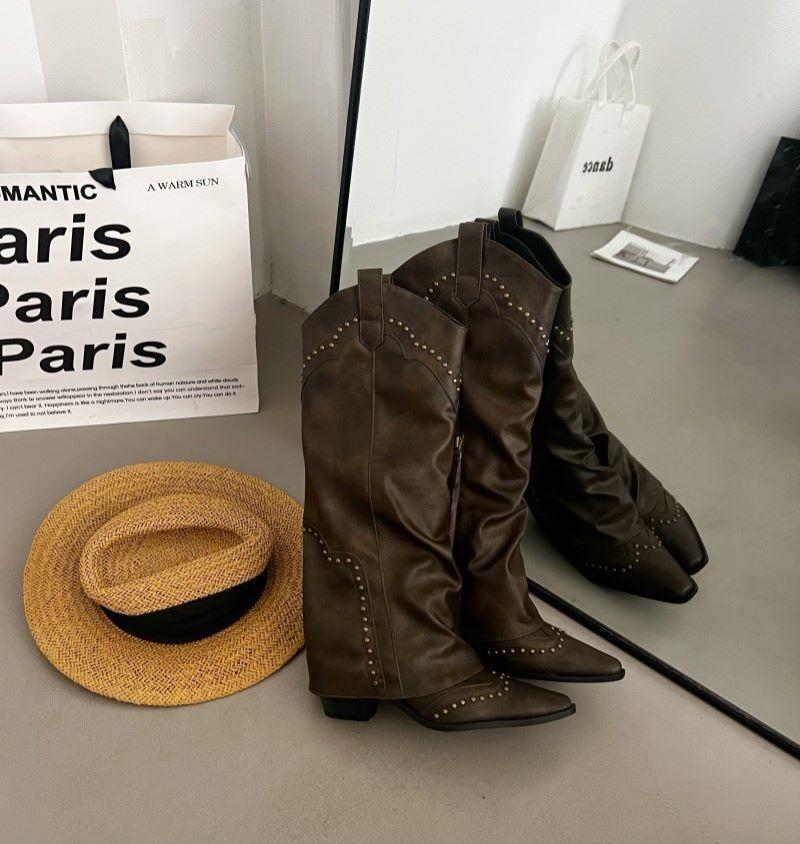 Summer 2025 New Vintage Pointed Western Boots Women's Brown Riveted Pants Boots Versatile Thick Heel Fashion Boots