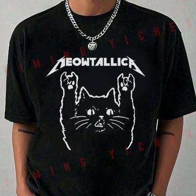 Смешная Кошка Meowtallica Кошачий Рок-Музыка Футболка Мотоциклисты Летние Мужские Повседневные Топы с Круглым Вырезом Футболка 20