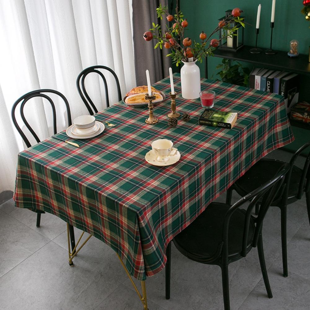 Christmas Plaid Tablecloth Cotton Linen Dining Table Decor Vintage American Style Tea Table Cover