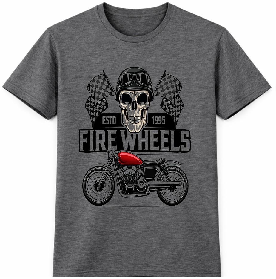 Motorcycle T Shirt Skull Rider Fire Wheels Biker Vintage Racing Graphic Tee