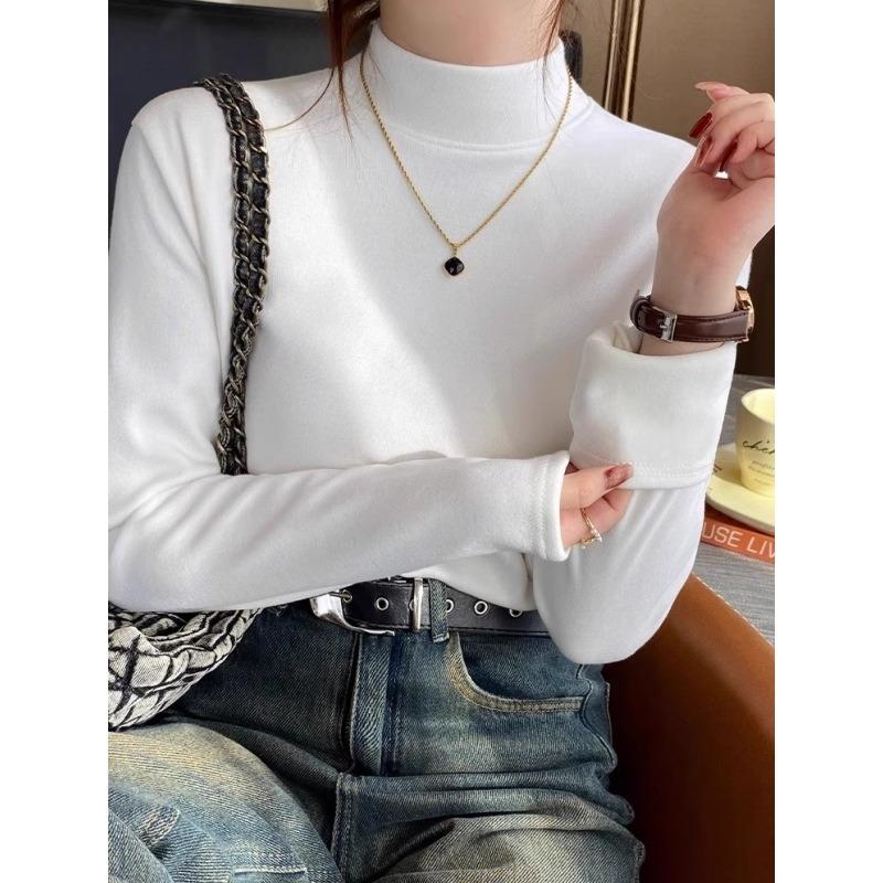 Spring semi-turtleneck bottoming shirt women's thickened integrated velvet warm suit inner top long-sleeved shirt