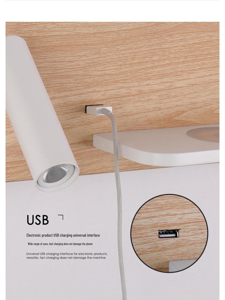 Minimalist LED Bedside Wall Light with Wireless Charger & USB Reading Light