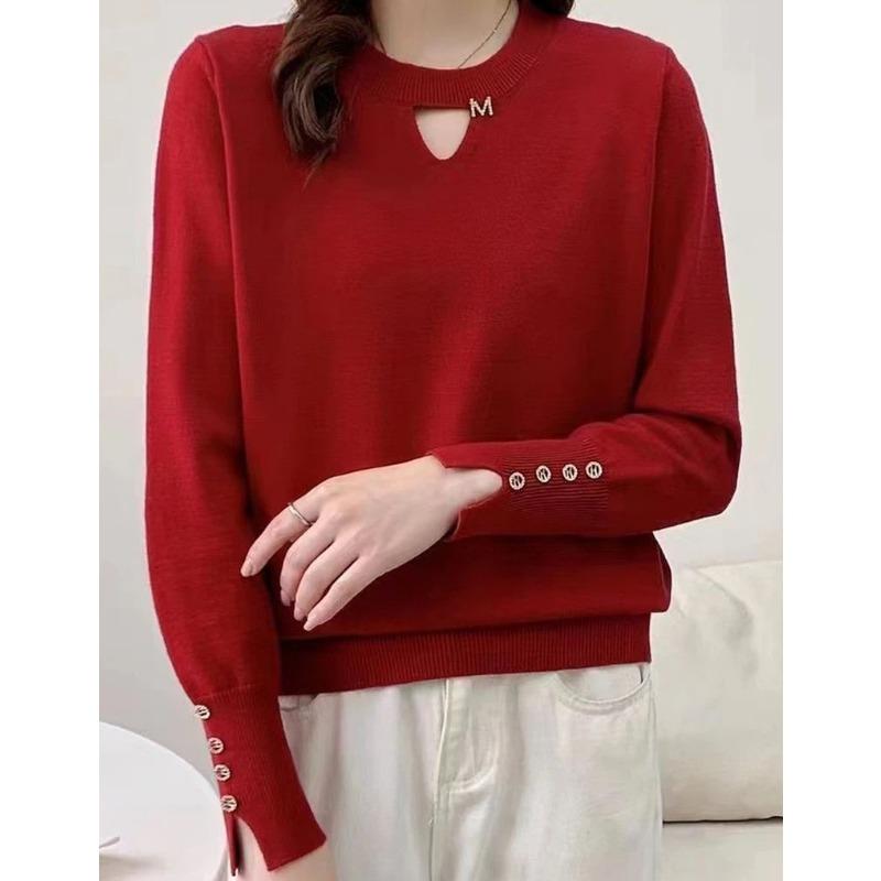 Vêtements d'automne Hiver pour Femmes Pull à Col Rond Couleur Unie Tricoté Bouton Manches Longues Hauts Décontractés Élégants Tendance