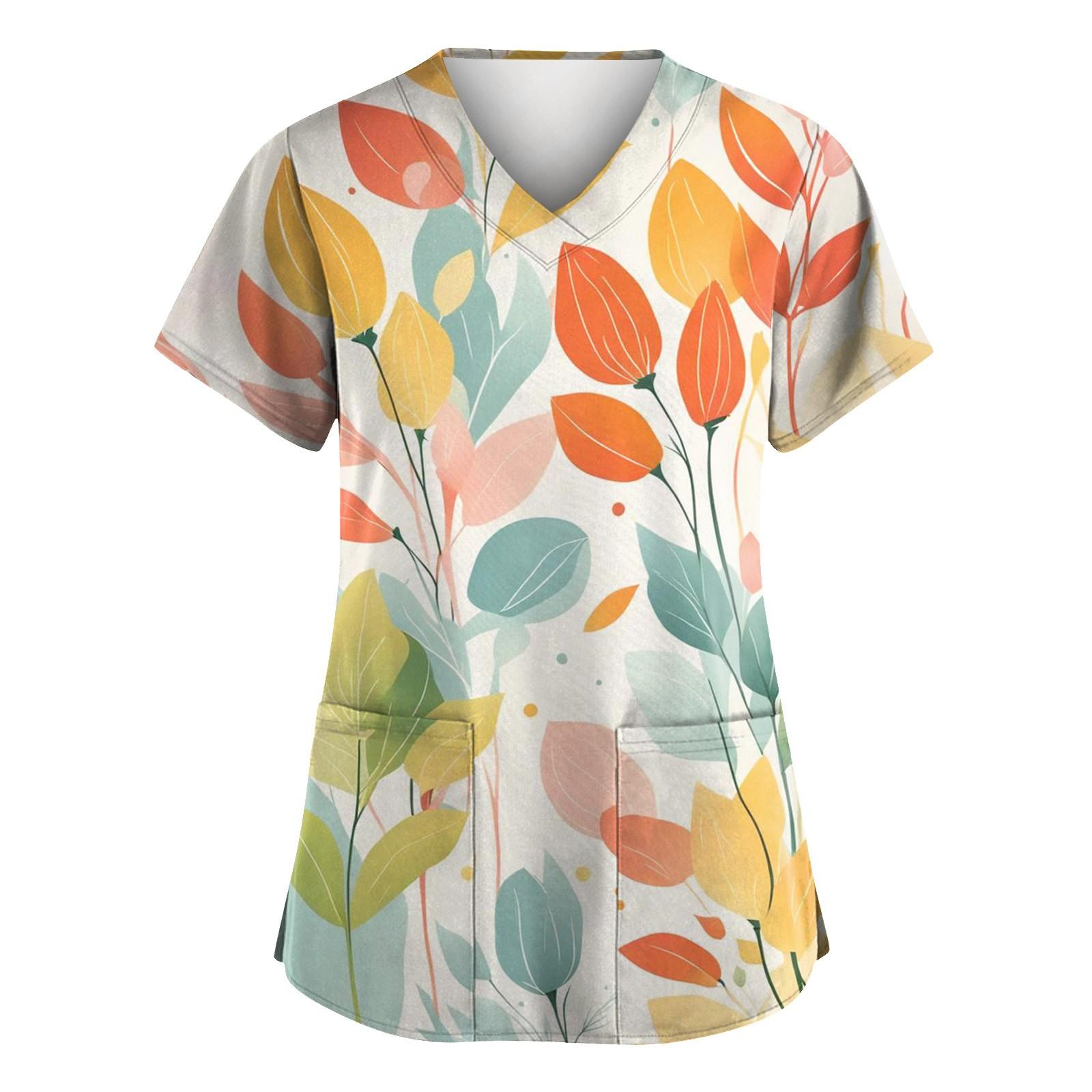 

Женская мода с v-образным вырезом, короткими рукавами и карманами, топы с принтом XXL