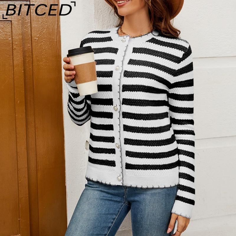 BITCED Autumn/Winter Women's Striped Knitted Cardigan with Buttons