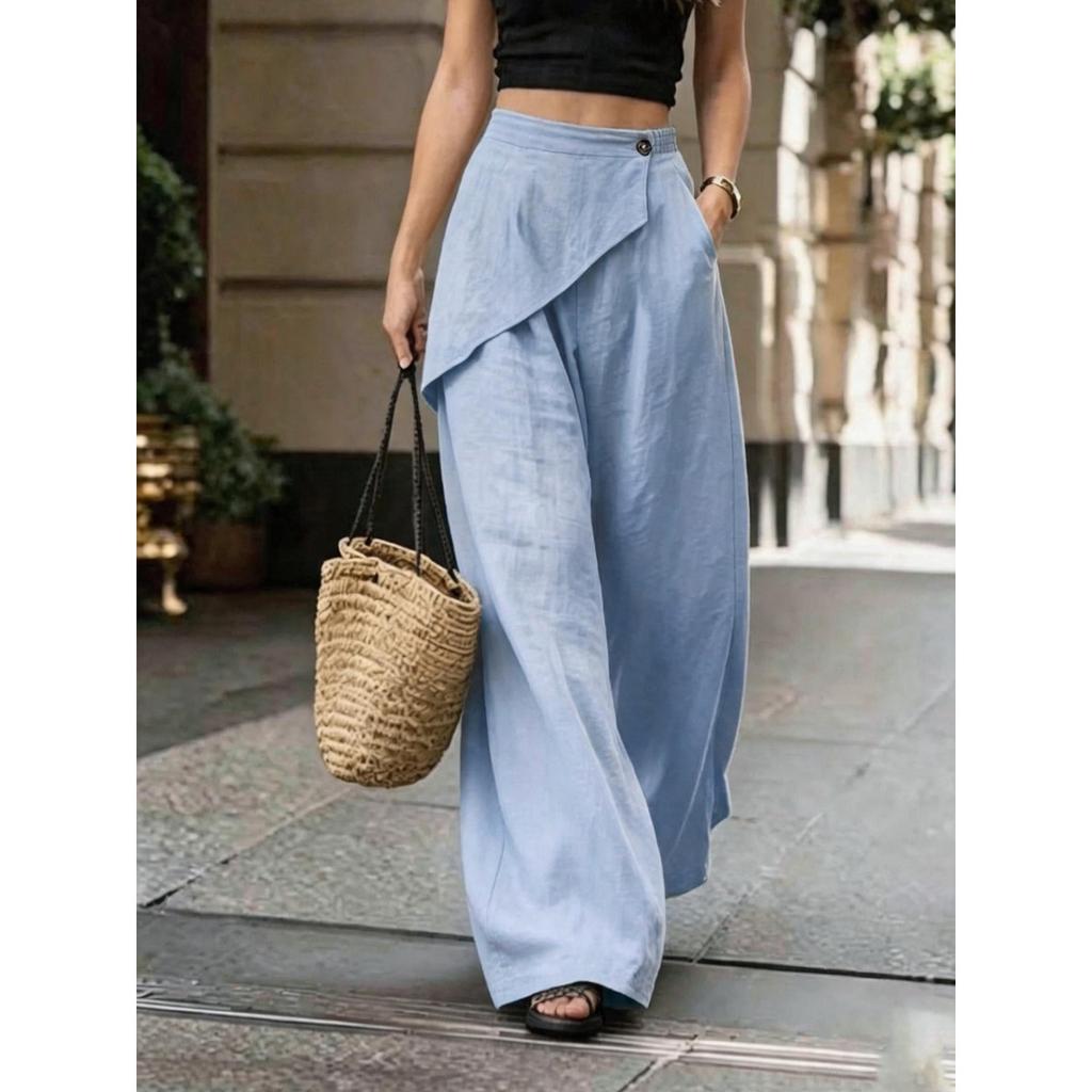New Women's Imitation Linen Wide Leg Pants, Loose Solid Color Irregular Casual Trousers, European American Style