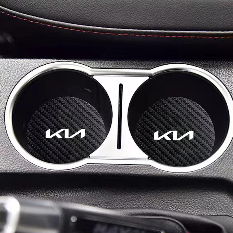 RRPM6 2 Pieces Carbon Fiber Leather Coasters Car Water Cup Anti-slip Mats Car Interior for New Kia Sportage 5 3 4 K7 K5 K8 K3 K9