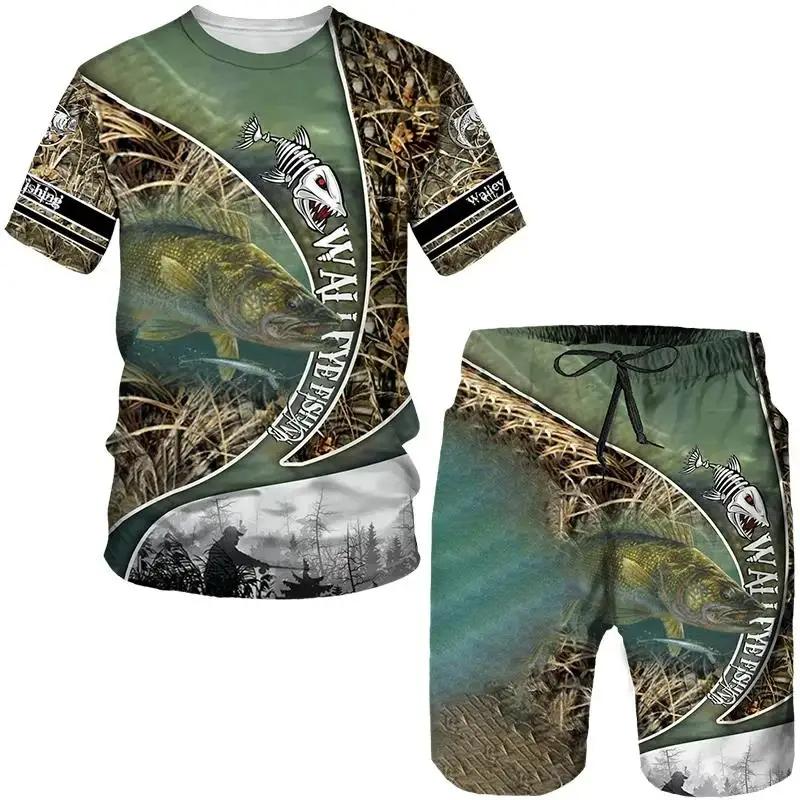 Men's Outdoor Fishing Hunting 3D Print T-shirt Shorts 2-piece Set O-neck Retro Fashion Sports Short Sleeve Pullover High-quality