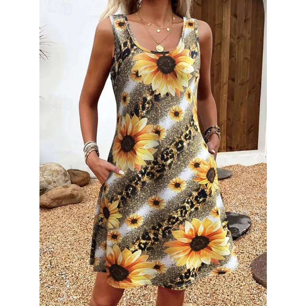 Women's Leaves Pattern Printed Sleeveless Round Neck Dress Loose Soft and Comfortable Plus Size Dress