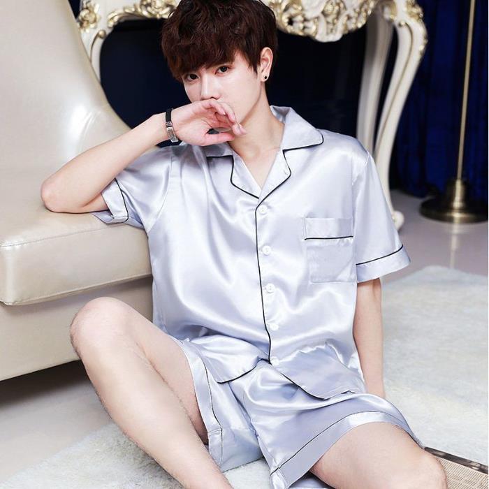 Ice Silk Pajamas Men's Summer Thin Short-Sleeved Shorts Simulation Silk Loose Youth Fashion Cool Pajamas Home Wear Su