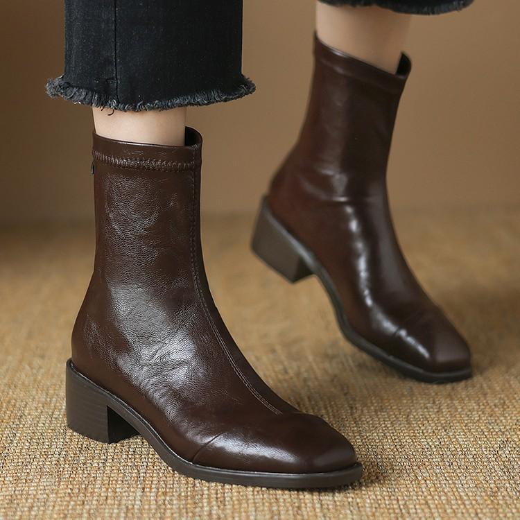 Short boots women's boots 2025 autumn and winter new leather boots with plush thick heels and elastic slimming boots