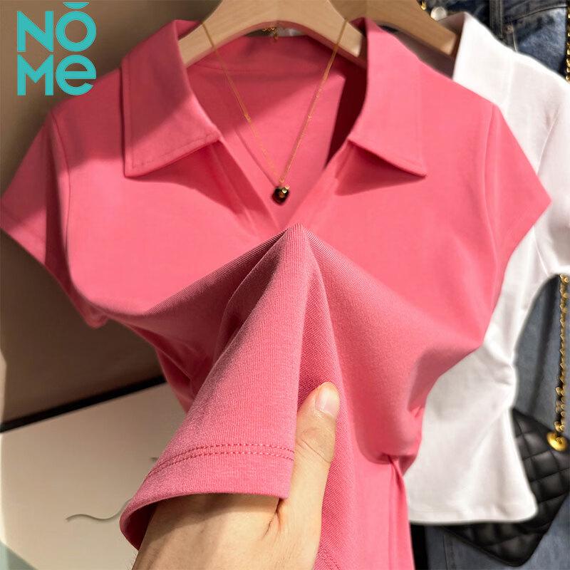NOMe Women's Polo Collar Pleated Waist Cotton T-shirt