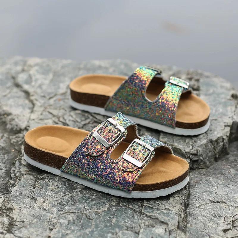 2024 New Summer Trend Sequins Parent-child Children's Slippers Women's Double Buckle Flip Flops Cork Slippers Women's Sandals