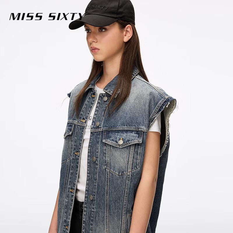 MISS SIXTY Distressed Frayed Hem Denim Vest