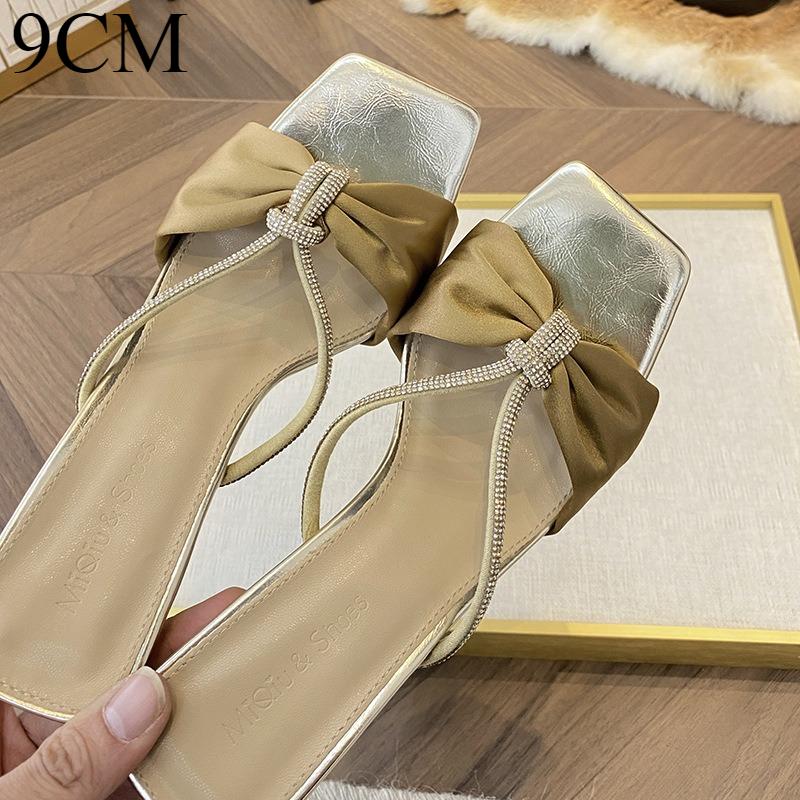 

Fashion Purple Satin Rhinestone One-piece Slippers for Women 2025 Summer New Butterfly Dew Toe High Heels Sandals for Wearing Outside 40