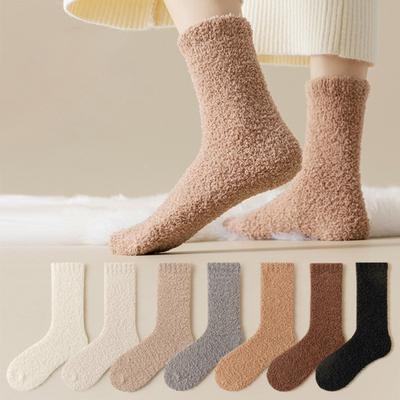 1 Pair Women Winter Socks Thickened Coral Fleece Mid-tube High Elasticity Wrapping Anti-slip Floor Socks Comfort Warmth Sleeping Socks