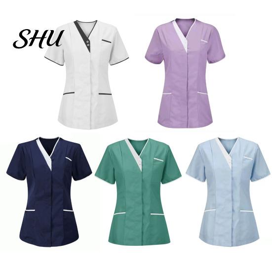 Tops Uniforme Camici da Infermiere Traspiranti Donna Scollo a V Manica Corta Tasche Top Scrub Tute Uniformi Patchwork Colore Design Lavoro Infermieristico
